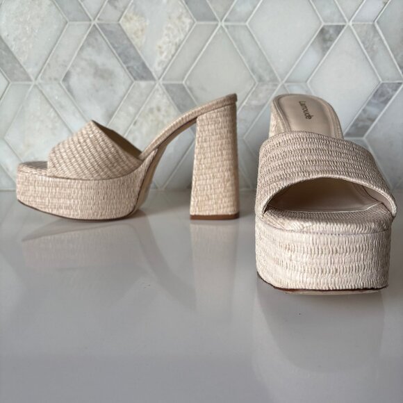 Larroude Shoes - Larroude Sz 9 Woven Tan Natural Raffia Block Heel Platform The Dolly Mule Slide